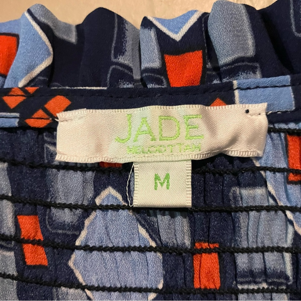 Jade Melody Tam Blue Navy Smocked Neck Tie Peasant Boho Long Sleeve Blouse Sz M - Picture 8 of 14